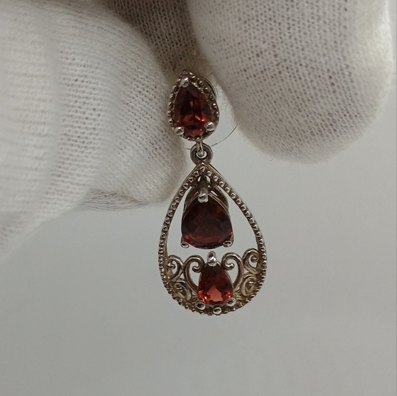 Ornate Sterling Silver and Red Gemstone Filigree Teardrop Earrings - Picture 3 of 4